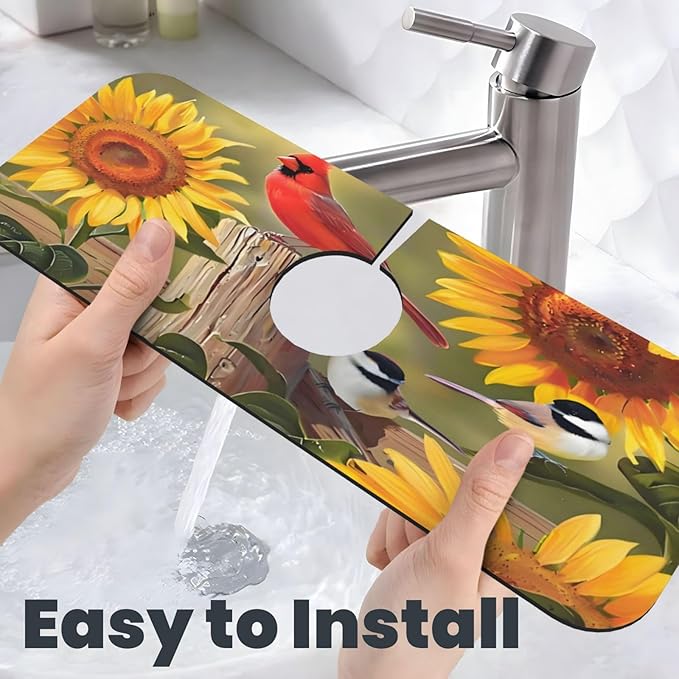Sunflowers and songbirds Kitchen sink faucet pad, strong water absorption - Image 6