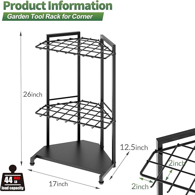 Garden Tool Organizer for Corner - Heavy Duty Metal Rack with 34 Storage Compartments & 14 Hooks for Shovels, Rakes, Long-Handled Tools, Ideal for Garden, Shed, Garage Storage - Image 6