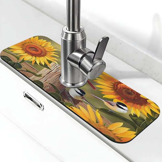 Sunflowers and songbirds Kitchen sink faucet pad, strong water absorption by Unknown