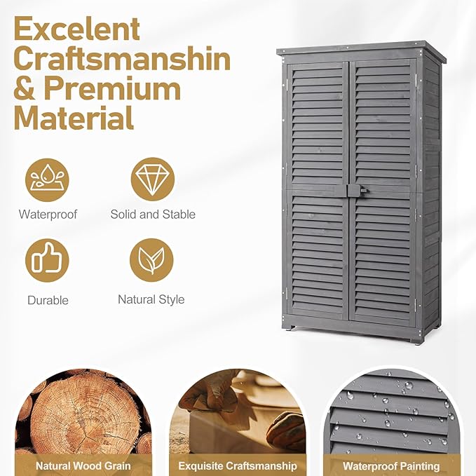 Outvita Outdoor Storage Cabinet, 63in Wooden Garden Tools Shed with 2 Lockable Doors, 3 Adjustable Shelves, Waterproof Roof for Yard Garge Patio Deck Porch（Grey） - Image 2