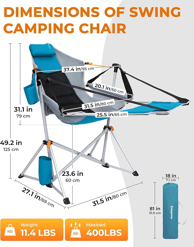 KingCamp Hammock Chair with Footrest – Heavy Duty Swinging Rocking Camping Chairs for Adults up to 400lbs, Folding Portable Oversized Rocker with Cup Holder & Pillow for Outdoor Beach Lawn RV Sports - Image 2