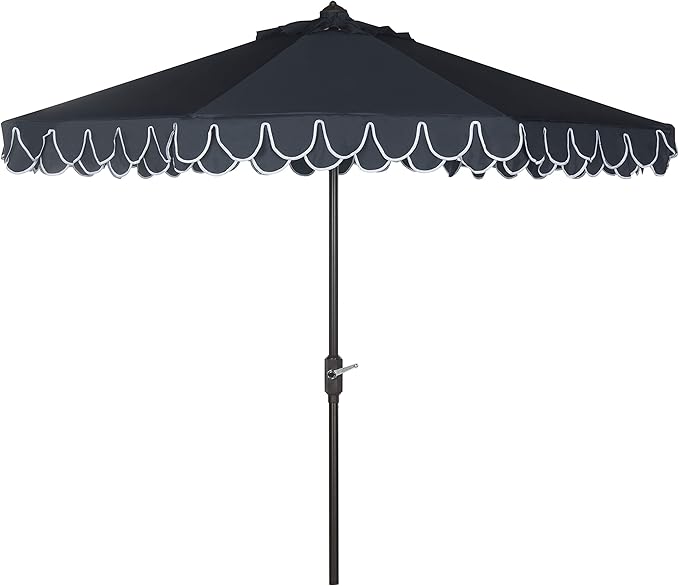 SAFAVIEH 9ft Outdoor Patio Umbrella, Round, Valance, Navy & White Trim, Auto Crank Tilt, UV Resistant for Deck, Backyard, Poolside (PAT8006A) by SAFAVIEH
