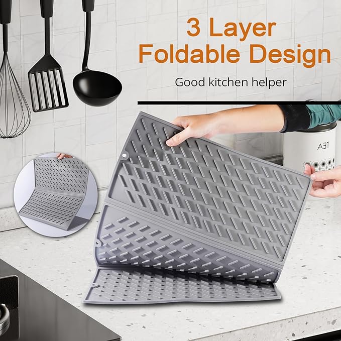 Silicone Dish Drying Mat for Kitchen Counter, 16x24 Collapsible Trifold Large - Image 6