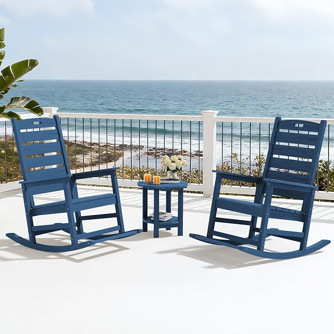 SERWALL Oversized Outdoor Rocking Chair, HDPE Patio Rocking Chair with Footrest for Adults, All Weather Porch Rocker for Deck Patio Balcony, Navy - Image 10