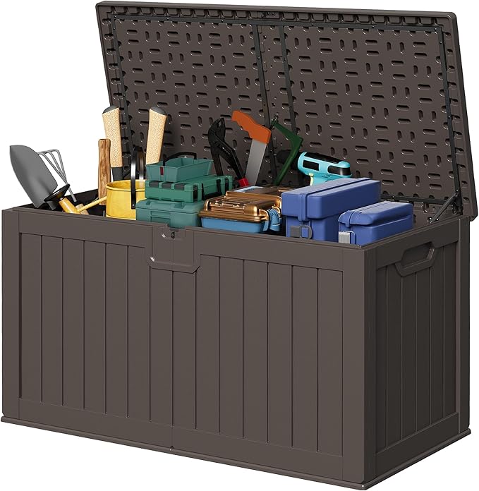 Devoko 240 Gallon Double-Wall Deck Box with Divider, Side Handles, Resin Outdoor Large Storage Box Waterproof and Lockable for Patio Furniture, Garden, Pool (Brown) by DEVOKO