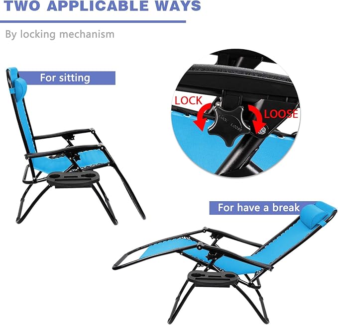 Homall Zero Gravity Chair Adjustable Folding Lawn Lounge Chairs Outdoor Lounge Gravity Chair Camp Reclining Chair with Pillows for Poolside Backyard and Beach Set of 2 (Sky Blue) - Image 8