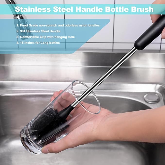 Water Bottle Brush & Straw Cleaner Set, Stainless Steel Long Handle Baby Bottle - Image 2