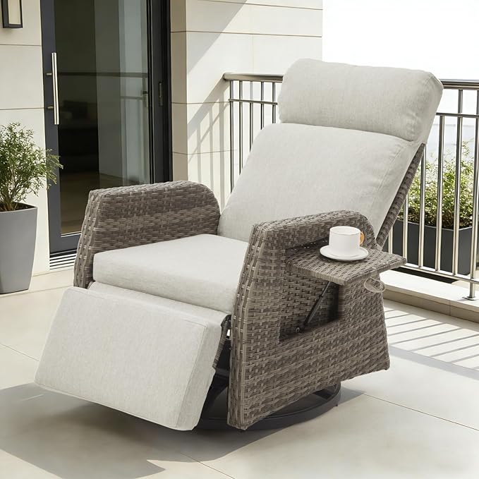 Adjustable Outdoor Recliner Chair with Independent Backrest & Footrest, Patio Swivel Recliner Chair, Wicker Reclining Patio Chair w/Flip-Up Table, Air Pump 155° Lay Flat Chaise Lounge, Gray by Unknown