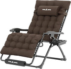 UDPATIO Oversized Zero Gravity Chair, 33In XXL Patio Reclining Chair with Cushion, Outdoor Folding Recliner with Pillows|Cup Holder|Foot Rest|Padded Headrest, Brown Grey, Support 500LB by UDPATIO