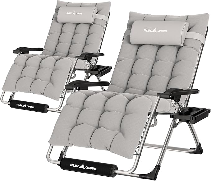 UDPATIO Oversized Zero Gravity Chair 33In XXL Patio Reclining Chair with Cushion, Outdoor Folding Recliner with Pillows, Cup Holder, Foot Rest & Padded Headrest, Support 500LB (2, Light Grey-XL) by UDPATIO