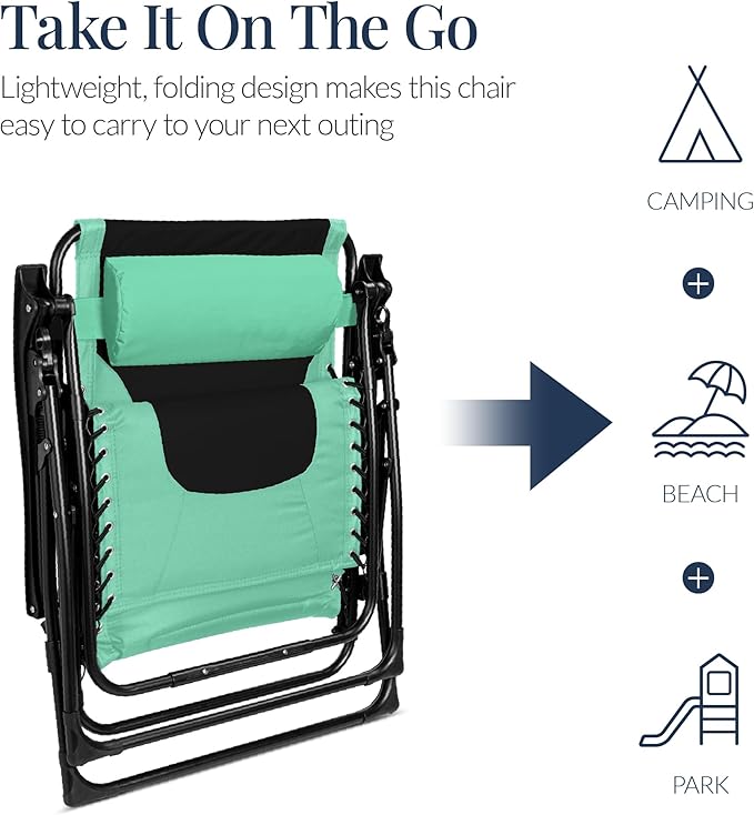 Best Choice Products Oversized Padded Zero Gravity Chair, Folding Outdoor Patio Recliner, XL Anti Gravity Lounger for Backyard w/Headrest, Cup Holder, Side Tray, Polyester Mesh - Green/Black - Image 6