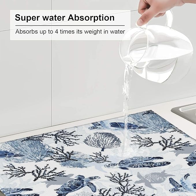 Nautical Blue White Sea Turtle & Coral Dish Drying Mats - Image 4