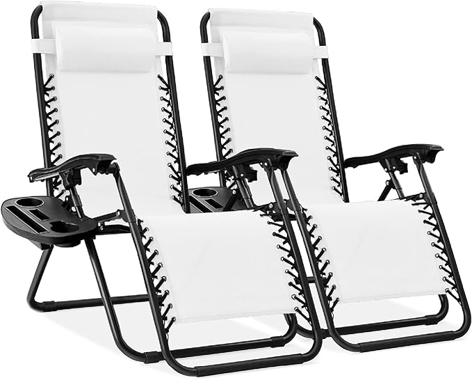 Best Choice Products Set of 2 Adjustable Steel Mesh Zero Gravity Lounge Chair Recliners w/Pillows and Cup Holder Trays - Snow/Black by BestChoiceProducts