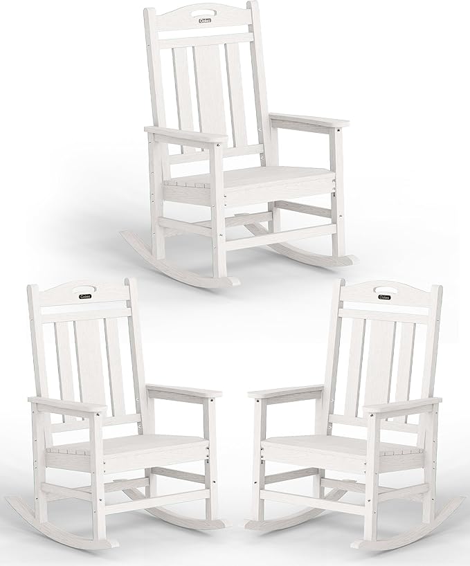 Ciokea Oversized Outdoor Rocking Chairs Set of 3, 380lbs Heavy-Duty Large Patio Rocker, High Back Cozy Porch Chairs, Weather Resistant Patio Rocking Chairs for Outside, Fire Pit, Deck, White by CIOKEA