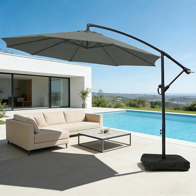 wikiwiki 10ft Patio Umbrella with Base Included, Outdoor Offset Cantilever Umbrella with Sandbag Base for Backyard, Garden and Pool, Easy to Tilt and Crank, Dark Gray - Image 9