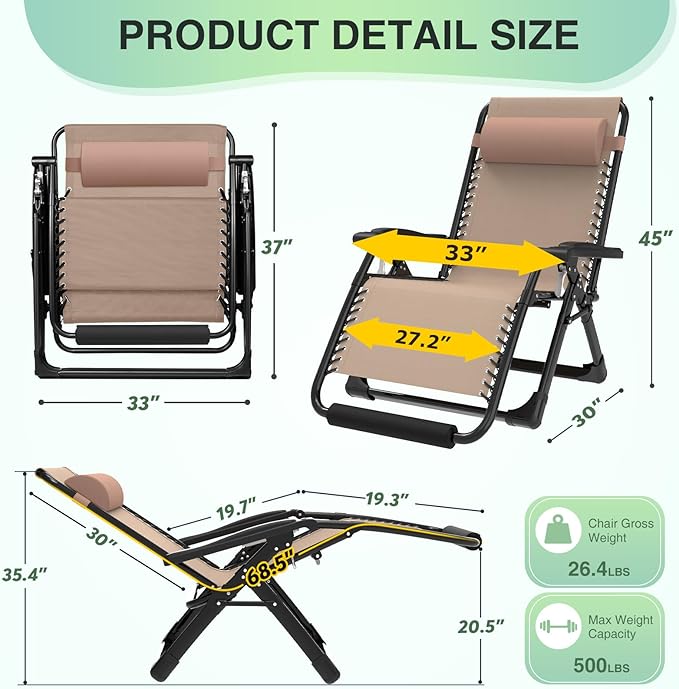 Suteck Oversized Zero Gravity Chair,33In XXL Lounge Chair w/Removable Cushion&Headrest, Reclining Camping Chair w/Upgraded Lock and Footrest, Reclining Patio Chairs Recliner for Indoor Outdoor,500LBS - Image 2