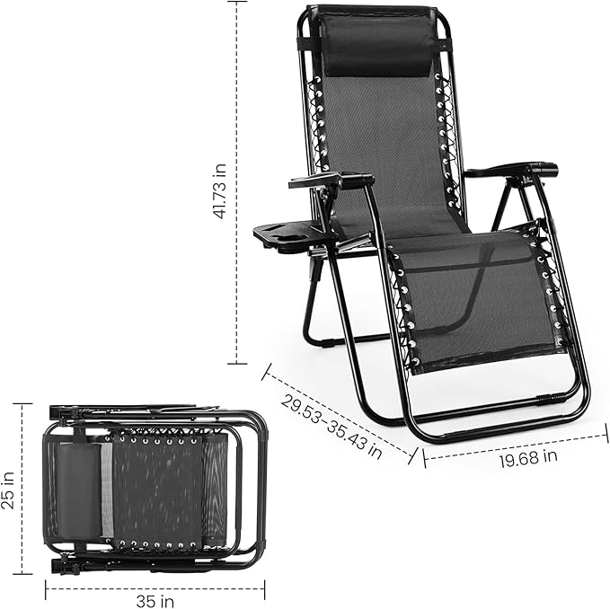 Sweetcrispy Zero Gravity Chairs, Set of 2 Portable Recliner Beach Camping Patio Outdoor Folding Lounge Chair with Cup Holder Trays and Adjustable Pillow for Poolside, Garden, Backyard, Lawn (Black) - Image 2