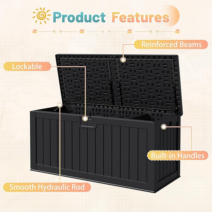 Patiowell 240 Gallon Large Outdoor Storage Box, Waterproof Deck Box with Fixed Divider, Lockable and Durable Patio Storage Solution for Patio Furniture and Garden Tools (Black) - Image 4