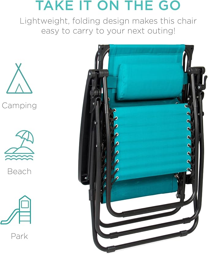 Best Choice Products Folding Zero Gravity Outdoor Recliner Patio Lounge Chair w/Adjustable Canopy Shade, Headrest, Side Accessory Tray, Textilene Mesh - Peacock Blue - Image 8