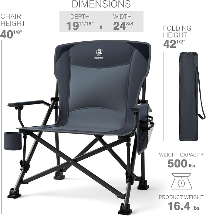 EVER ADVANCED Oversized Folding Camping Chair, for Adults Heavy Duty Lawn Chair with Side Pockets, Portable Collapsible Quad Chair for Outside, Support Up to 500lbs, Grey - Image 8