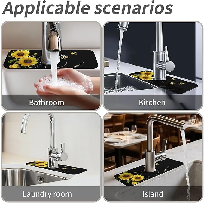 Kitchen Sink Splash Guard，sunflowers-and bees- Faucet Mat Sink Gadgets-Super - Image 7