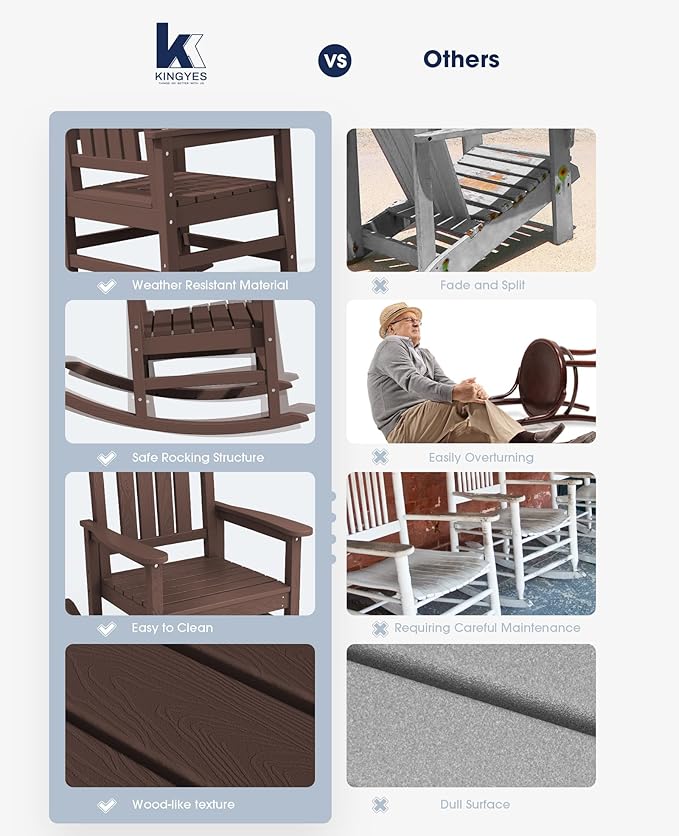 KINGYES HDPE Rocking Chairs Outdoor, Patio Rocking Chairs with 330lbs Support, Smooth Porch Rocker for Deck Lawn Yard, Coffee Brown - Image 4