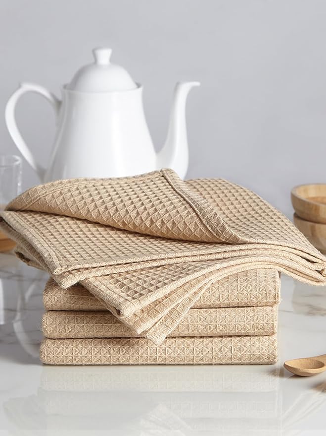 Encasa XO Kitchen Dish Towels Set | Beige | Waffle Weave and Flat Hand Tea - Image 2