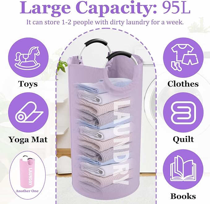 2Pcs 95L Purple + Pink Laundry Basket, Folding Laundry Hampers - Image 2