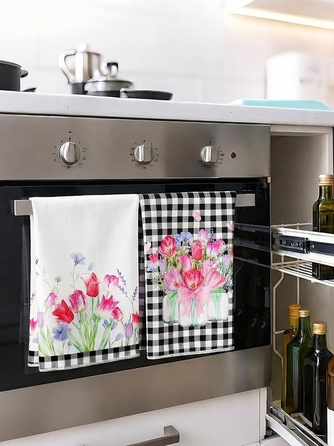 Bencailor 4 Pcs Spring Tulip Kitchen Towels Floral Flower Hand Dish Towels Pink - Image 6