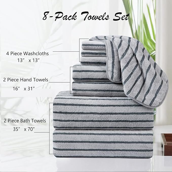 Oliven 8 Pcs Gray Cabana Stripe Bath Towel Set Oversize Bath Sheet-2 Bathroom - Image 3