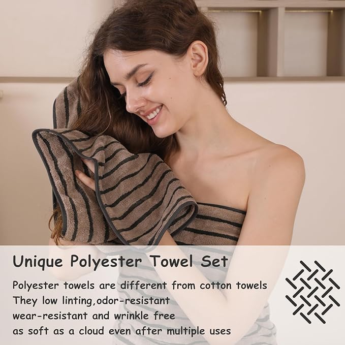 8 Pcs Polyester Brown Cabana Stripe Large Bath Towel Set-2 Bathroom Towels - Image 3
