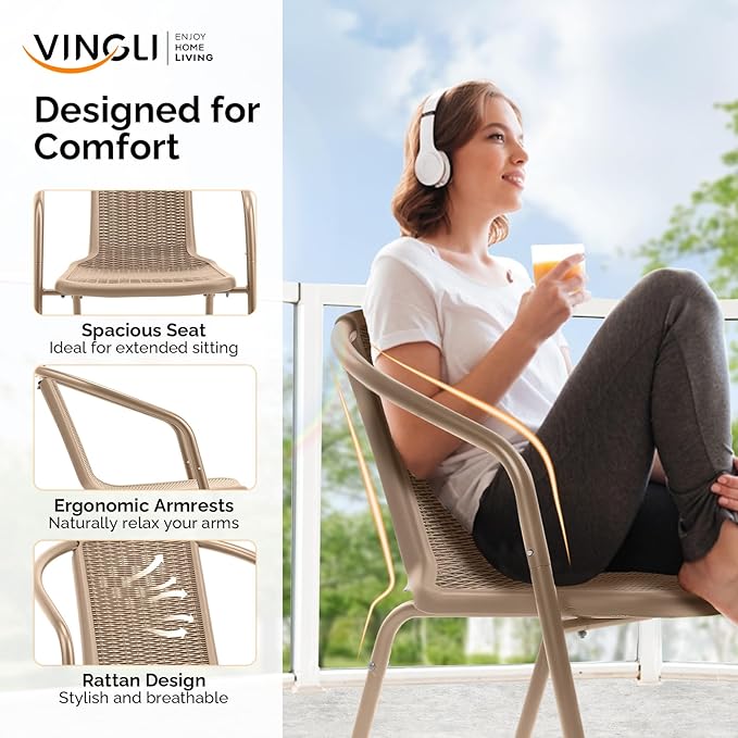 VINGLI PE Rattan Outdoor Dining Chairs Set of 2, Plastic Stackable Patio Chairs for Indoor, Porch, Restaurant, Garden,Champagne - Image 5
