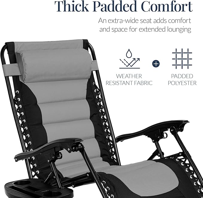 Best Choice Products Oversized Padded Zero Gravity Chair, Folding Outdoor Patio Recliner, XL Anti Gravity Lounger for Backyard w/Headrest, Cup Holder, Side Tray, Polyester Mesh - Gray - Image 5