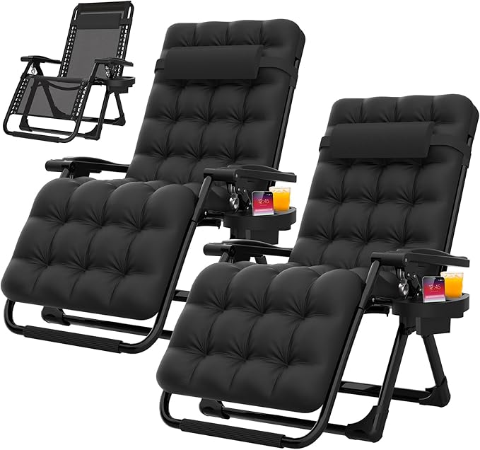 Suteck Zero Gravity Chair Set of 2, Reclining Camping Lounge Chair w/Removable Cushion, Upgraded Lock and Cup Holder, Reclining Patio Chairs Folding Recliner for Indoor and Outdoor by Suteck