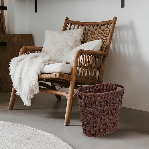Wicker Trash Can, Waterproof Bathroom Waste Basket, Plastic Wicker Woven Waste - Image 9