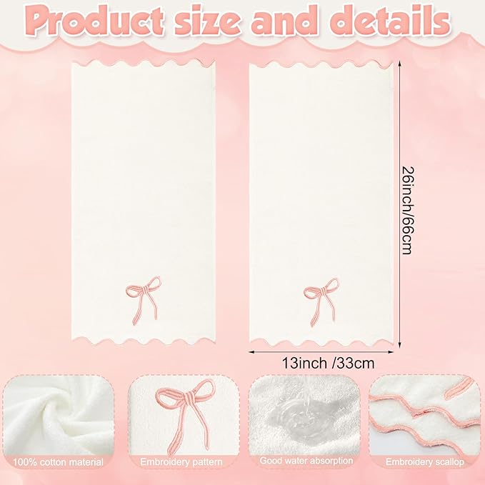 2 Pcs White Pink Scalloped Hand Towels - Image 2
