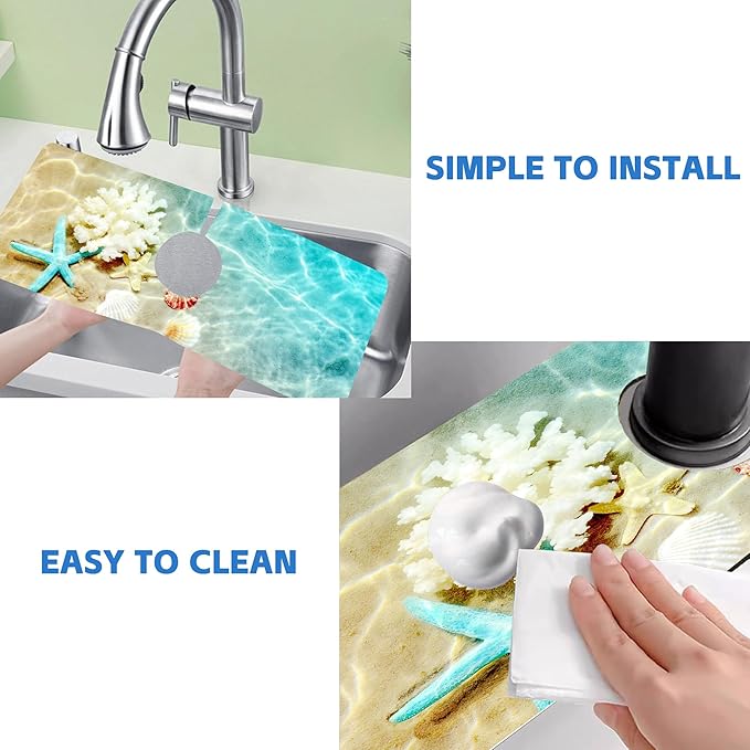 Beach Dish Drying Mat for Kitchen Sink Starfish Coral and Seashell Splash Guard - Image 5