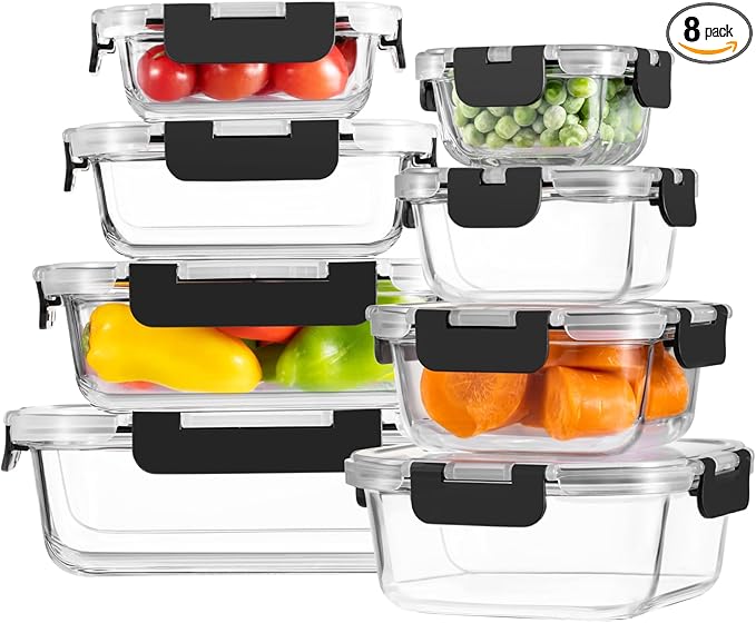8 Pack Borosilicate Glass Food Storage Containers by HOMBERKING