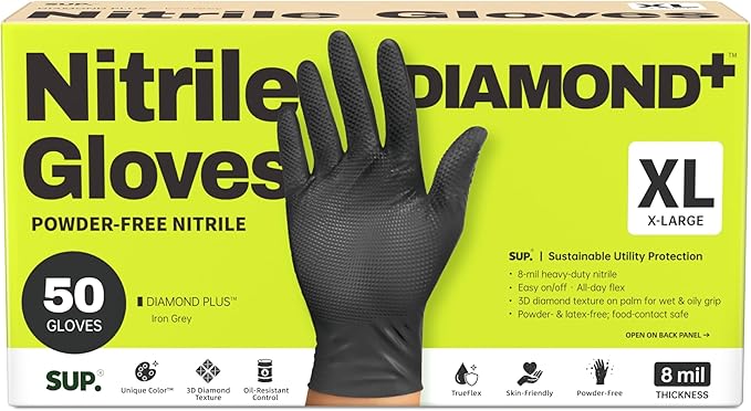 SUPER+ HEAVY DUTY Nitrile Gloves 8 Mil Diamond Texture Disposable Chemical by Super