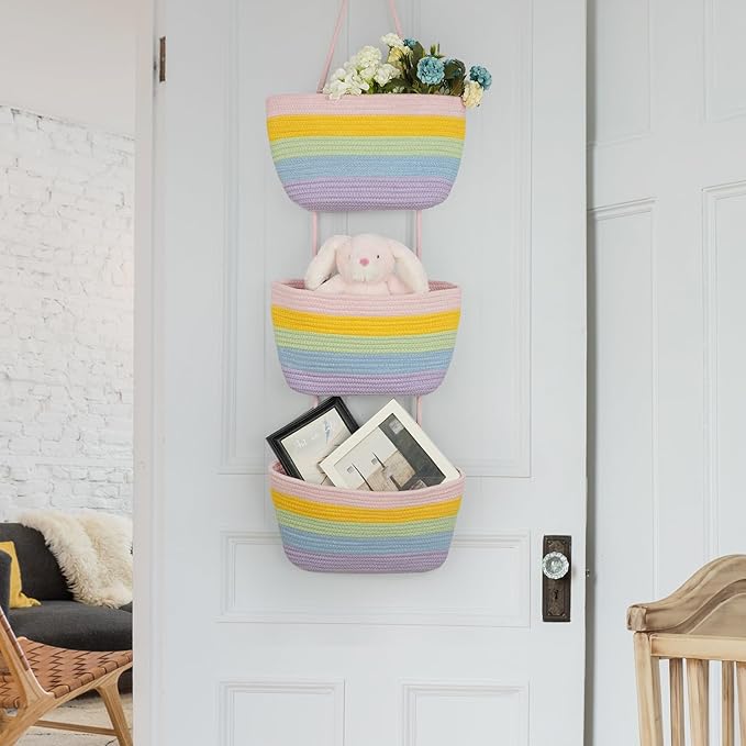 TeoKJ Over the Door Organizer, 3-Tier Woven Cotton Hanging Storage Baskets - Image 6