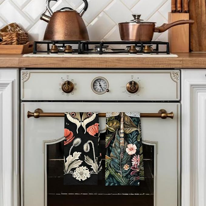 Moody Floral Moth Dragonfly Kitchen Towels Set of 2, Dark Cottagecore Botanical - Image 4