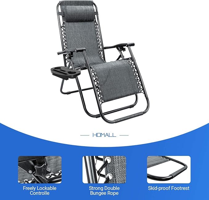 Homall Zero Gravity Chair - Adjustable Folding Lawn Chairs - Outdoor Gravity Reclining Lounge Chair with Pillows - Set of 2 (Double-Gray) - Image 6
