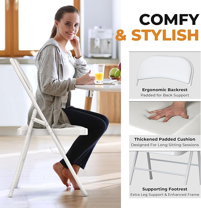 4 Pack Leather Chair | Foldable & Stackable | 350 lbs Capacity Steel Frame Seats for Indoor or Outdoor | Commercial Use Events Wedding Party Events Bulk Picnic Kitchen Dining - White - Image 4