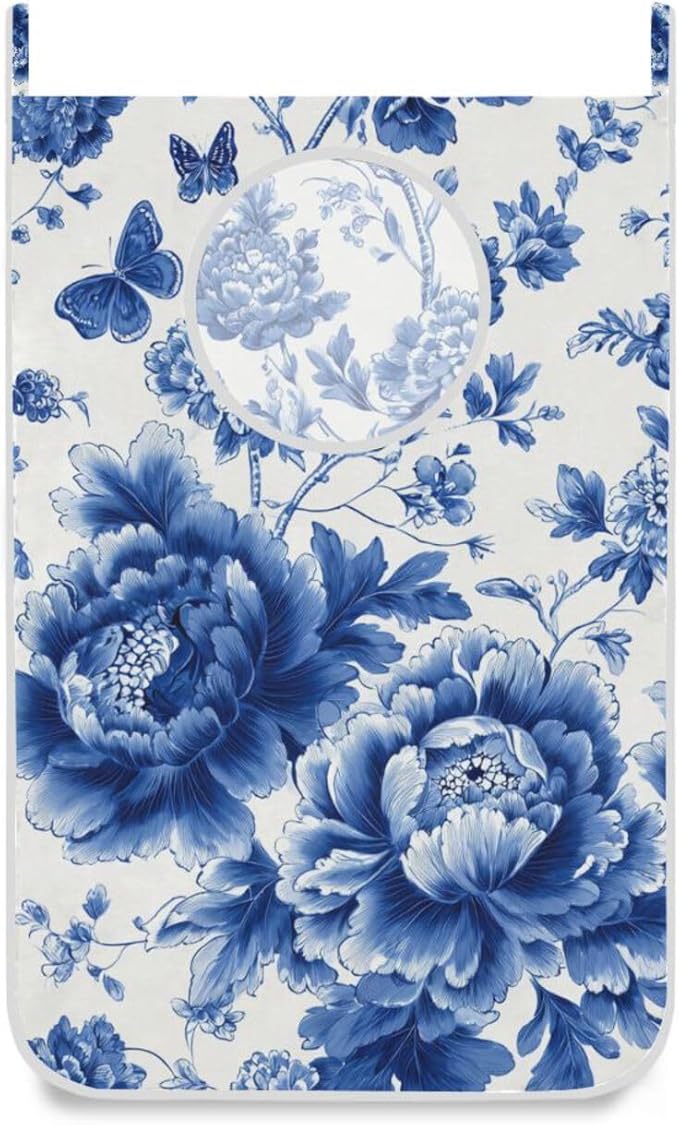 Blue and White Peony Flowers Butterfly Hanging Laundry Hamper Door Hampers Bag by Tatenale