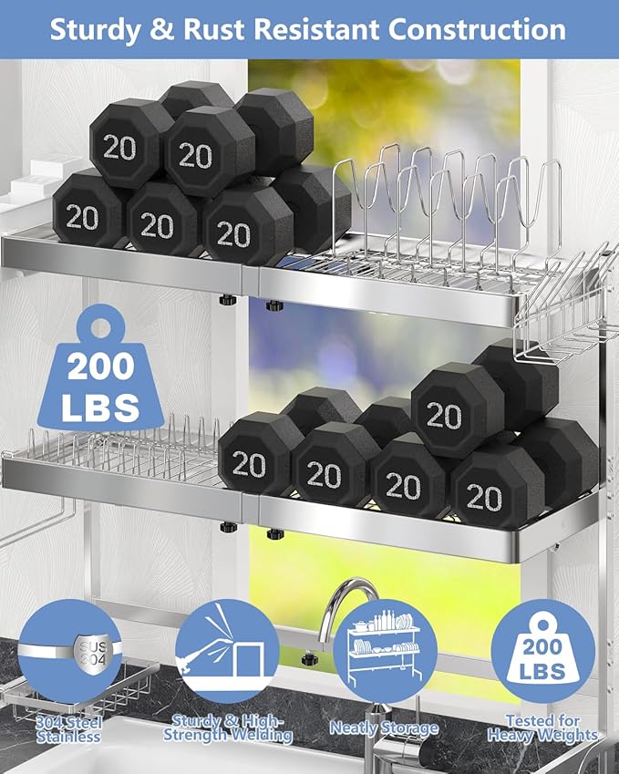 3 Tier Extra Large Over The Sink Dish Drying Rack, Expandable Stainless Steel - Image 5