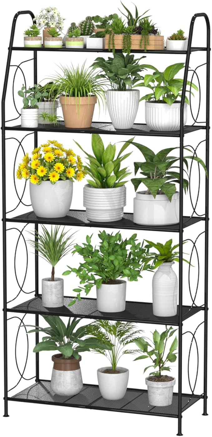 5 Tier Plant Stand Indoor Outdoor, Heavy Duty Plant Shelf, Metal Mesh Tall Plant Stands Holder Rack for Living Room Balcony and Garden, Black by VyGrow