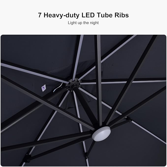 PURPLE LEAF 10 Feet Patio Umbrella with Base Outdoor Cantilever Solar Powered LED Square Umbrella Aluminum Offset Umbrella with 360-degree Rotation for Garden Deck Pool Patio, Grey - Image 4