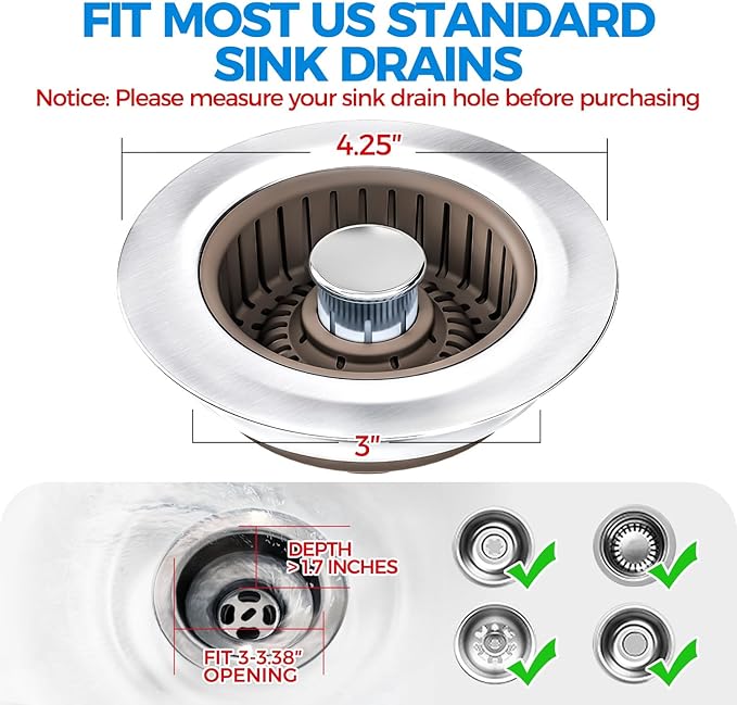 Upgraded 3in1 Kitchen Sink Drain Strainer & Sink Stopper, Stainless Steel - Image 6