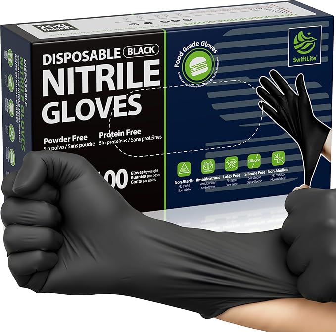 Nitrile Gloves Disposable Latex Free, 4 Mil Black Food Grade Powder Free Rubber by SWIFTLITE