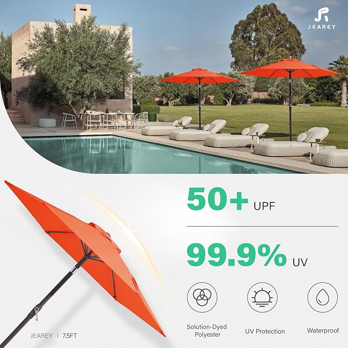 JEAREY 7.5FT Patio Umbrella Market Table Umbrella with 6 Sturdy Ribs, Push Button Tilt/Crank Outdoor Umbrella for Garden, Deck, Backyard, Pool and Beach,Orange - Image 3